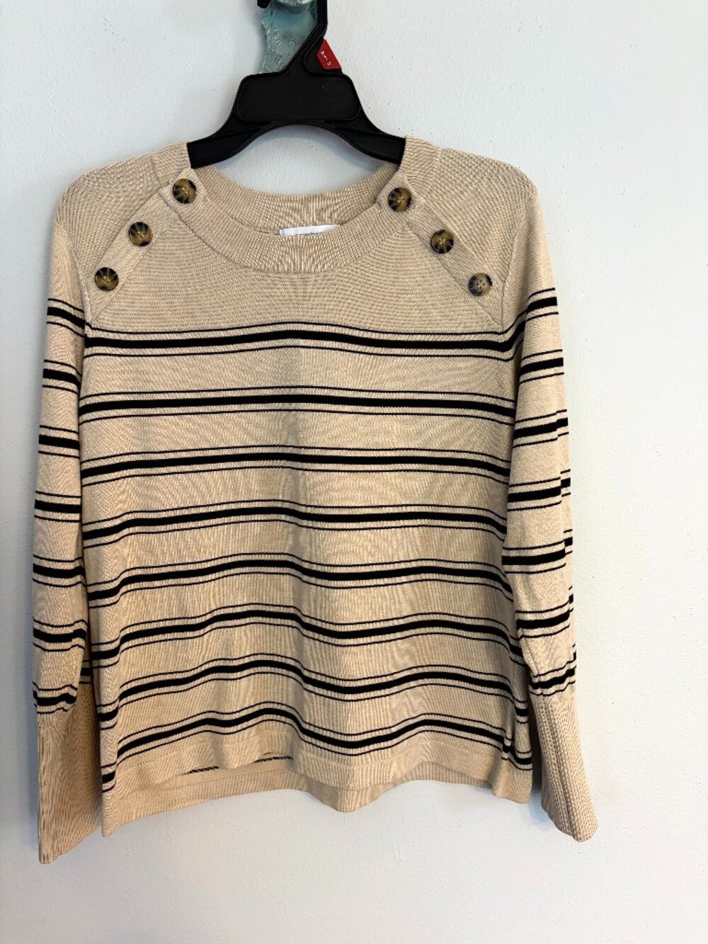 Liz Claiborne Women's Crew Neck Sweater Beige Black Stripes Large